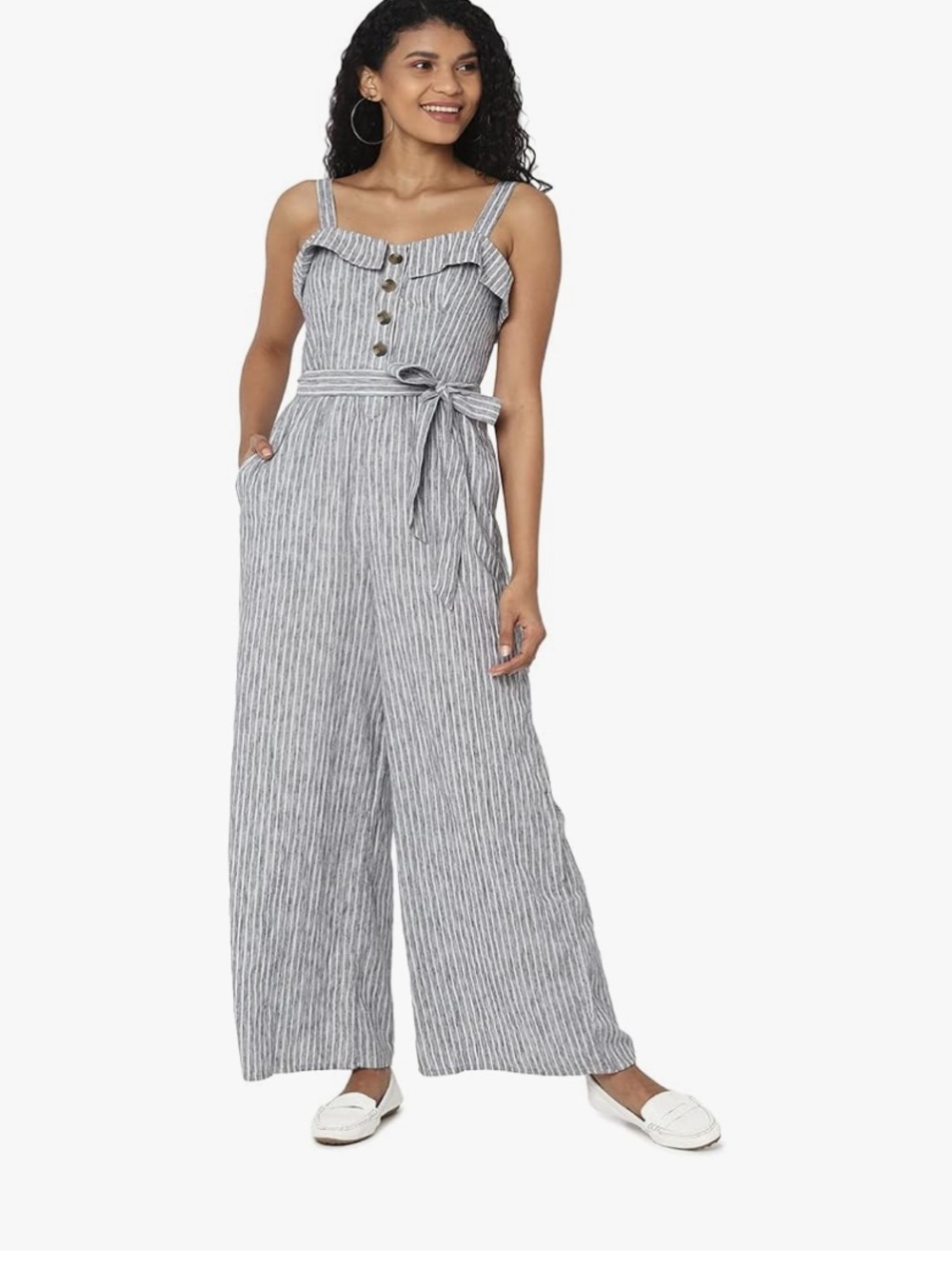 AE American Eagle Gray Stripe Ruffle Button Front Jumpsuit size Small